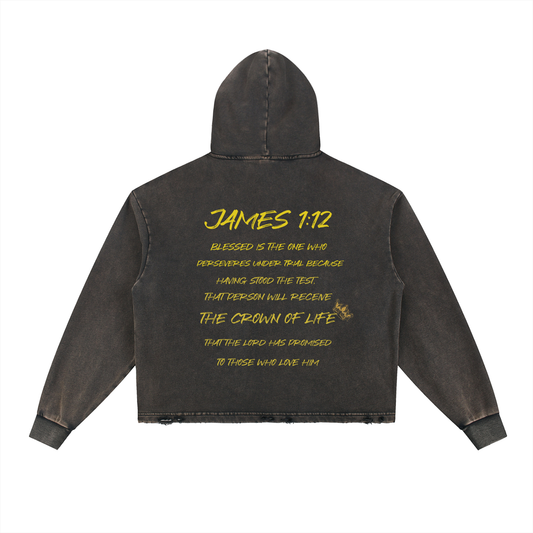 Crowned Apparel - "James 1:12" Vintage Washed Frayed-Hem Short-trim hoodie