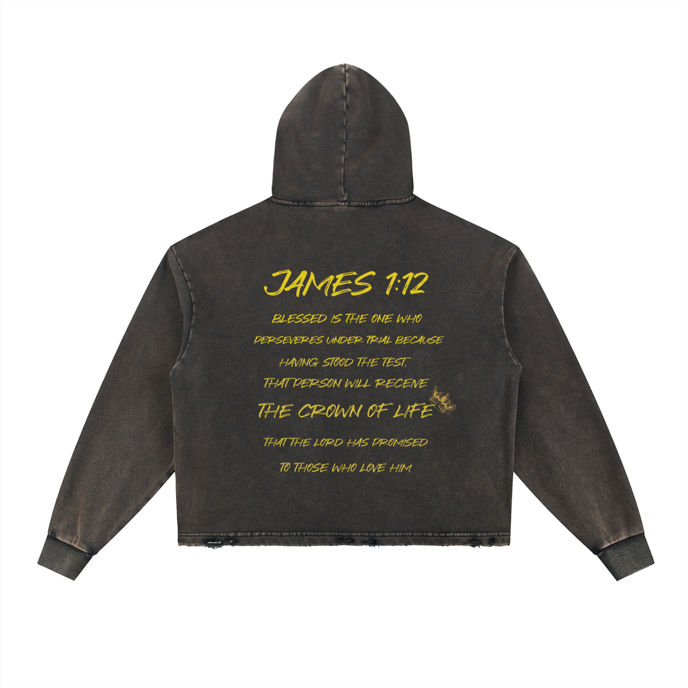 Crowned Apparel - "James 1:12" Vintage Washed Frayed-Hem Short-trim Light weight hoodie