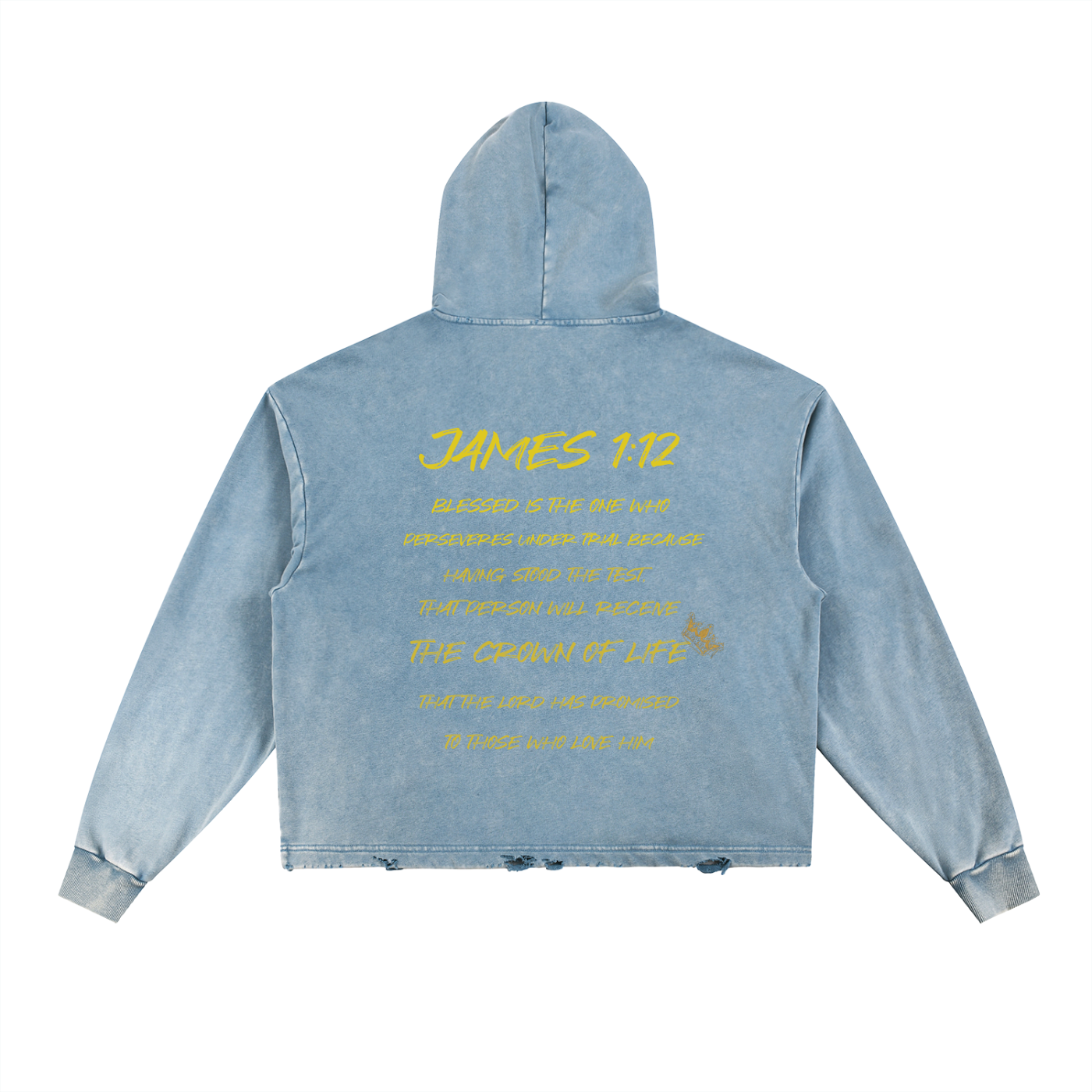 Crowned Apparel - "James 1:12" Vintage Washed Frayed-Hem Short-trim Light weight hoodie