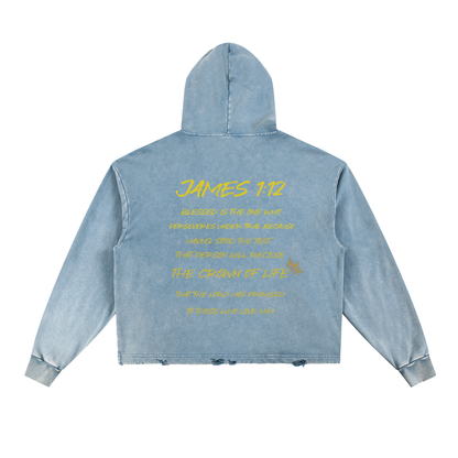 Crowned Apparel - "James 1:12" Vintage Washed Frayed-Hem Short-trim Light weight hoodie