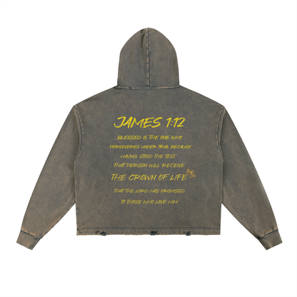 Crowned Apparel - "James 1:12" Vintage Washed Frayed-Hem Short-trim Light weight hoodie